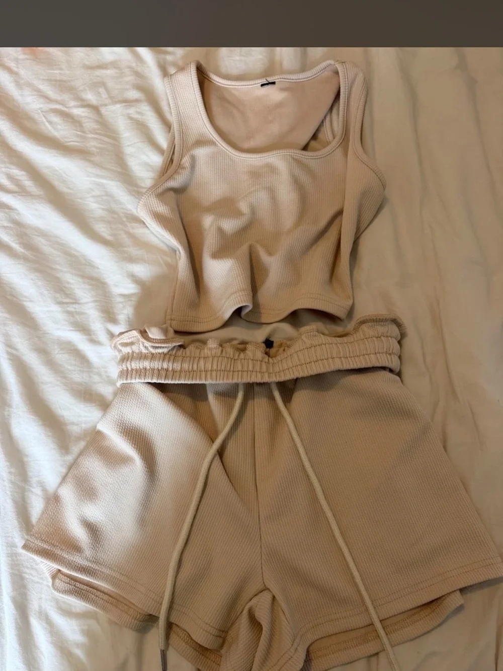 Ribbed High-Waist Drawstring Shorts - Cream